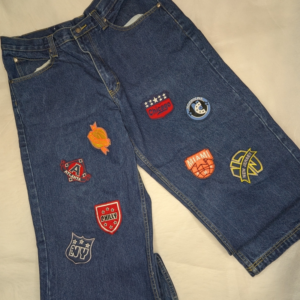 Y2K Unc Baggy Wide Leg NBA Patchwork Jeans - Picture 2 of 14